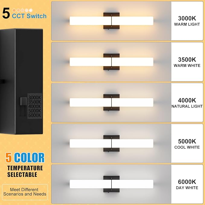 24 Inch 30W Led Bathroom Vanity Light,3000K-6000K Dimmable Vanity Lighting Fixtures with White Acrylic Lampshade,Indoor Hardwired Wall Light Over Mirror for Mirror Restroom(Black,1 Pack)
