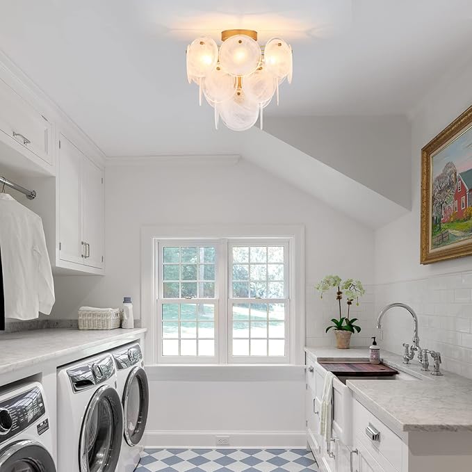 Modern Flush Mount Glass Ceiling Light, Gold Hallway Lights Vintage Chandelier, 4-Light Unique Light Fixture for Bedroom Entryway Loft Kitchen Laundry Bathroom Farmhouse