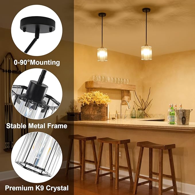 Black Pendant Lights, 3 Pack Crystal Pendant Lights Kitchen Island Lighting, 1-Light Modern Hexagonal Crystal Island Lights for Kitchen, Dining Room, Hallway, Foyer, Entryways