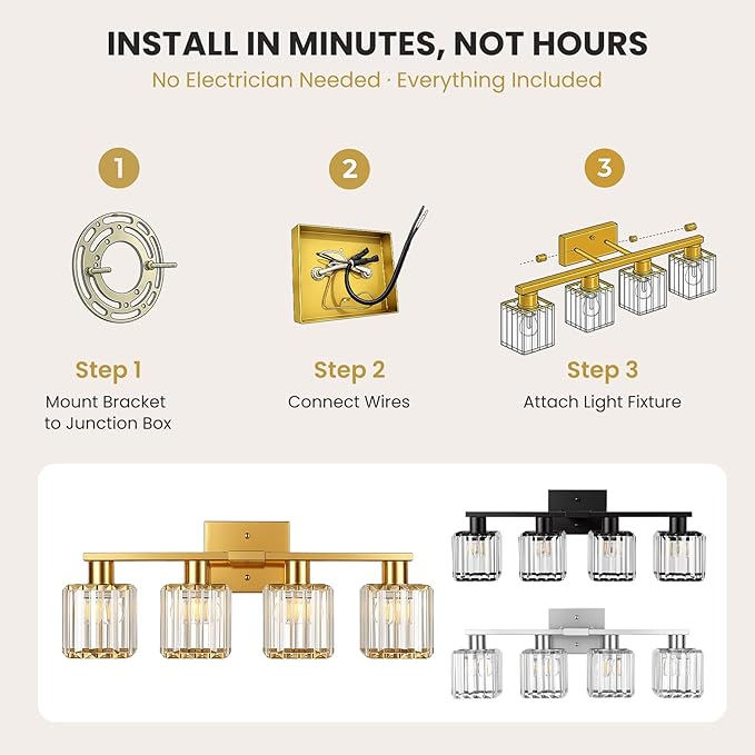 Crystal Bathroom Light Fixtures, 4-Light Brushed Gold, Vanity Lights for Bathroom Over Mirror, Modern Bath Wall Sconce for Mirror Bedroom Living Room