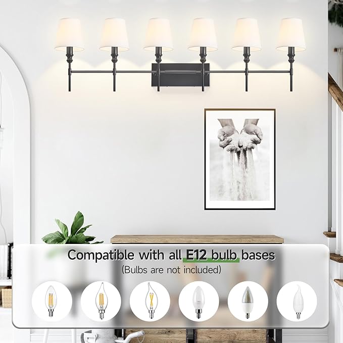 6-Light Black Bathroom Lighting Fixtures Over Mirror,50 in Vintage Bathroom Vanity Lights with Flared White Fabric Lampshade for Bedroom,Living Room,Foyer,2 Styles Modern Wall Sconce E12 Base