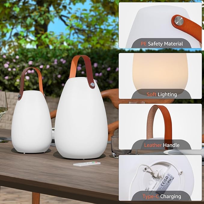 uuffoo 2 Pack Rechargeable Portable Table Lamp, Cordless RGB Lantern with Remote, Decorative LED Night Light, IP44 Waterproof Indoor Outdoor Lamp for Bedroom Patio Garden Wedding Party