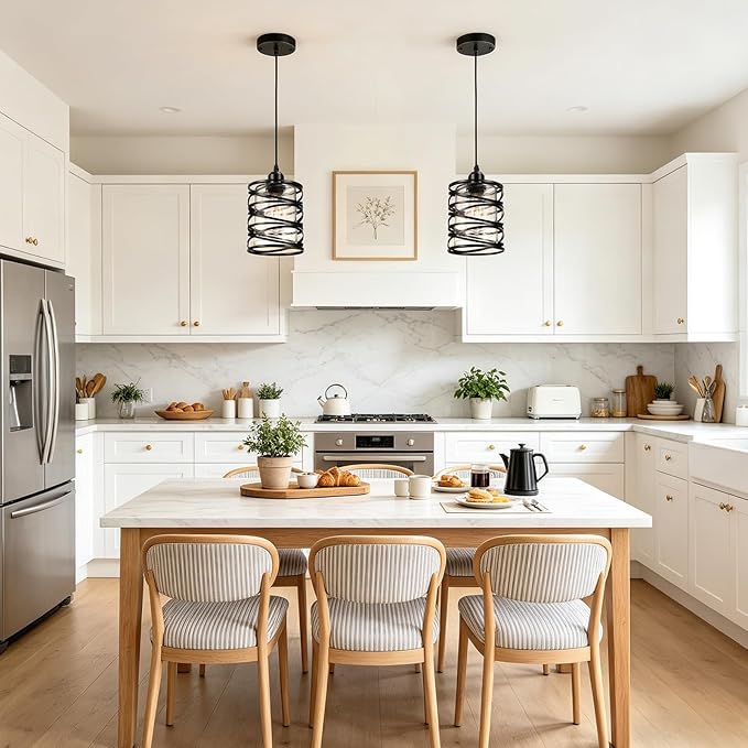 Pendant Lights Kitchen Island, Modern Black Farmhouse Hanging Light with Bubble Seeded Glass, 2 Pack Pendant Lighting with Adjustable Height for Dining Room, Bedroom, Living Room, Hallway