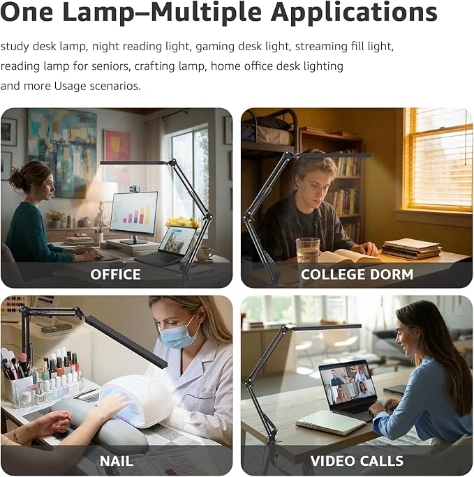 Upgrade Swing Arm LED Desk Lamp with Clamp, 80 LED Beads, 5 Color Modes & 11 Brightness Levels, 360° Adjustable Arm, Eye-Caring Light CRI95, Timer & Memory Function, for Office, Study, Crafting