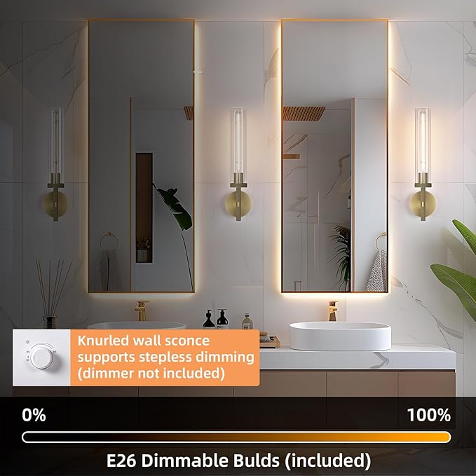 Modern Brass Hardwired Wall Sconces 2 Pack, 20'' Knurled Bathroom Wall Sconce, Indoor Wall Sconce,Copper and Tube Glass Vanity Light, for Living, Bedroom, Hallway, Staircases, Include Bulbs