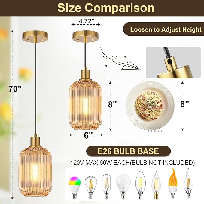 1 Pack Pendant Lights with Vintage Amber Ribbed Glass Lampshade, Adjustable Brushed Gold Pendant Lights Fixtures for Kitchen Island Lighting Sink, Dining & Living Room Hallway (Bulbs Not Included)