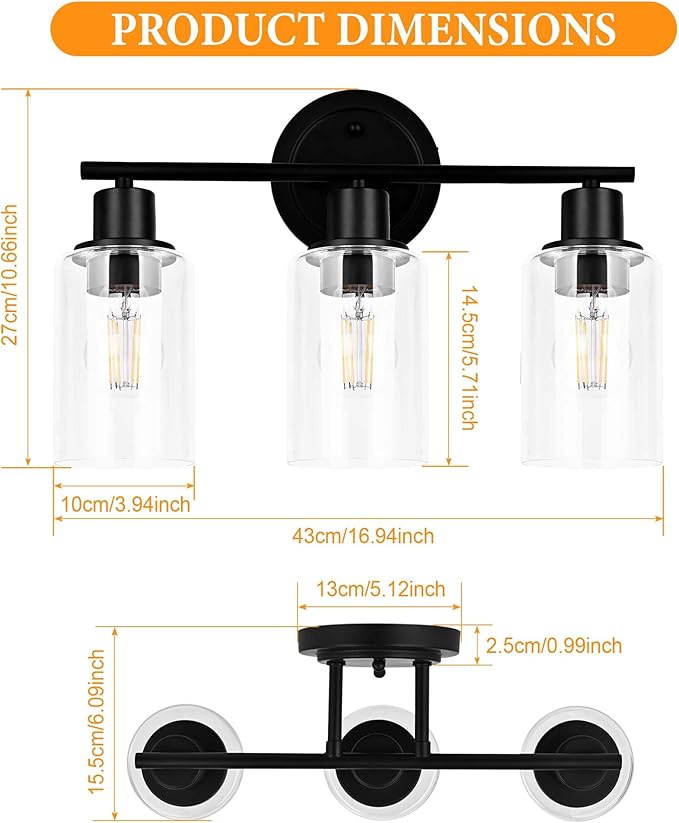 3-Light Black Bathroom Light Fixture Over Mirror, 3-Light Bathroom Vanity Light Over Sink, Black 3 Bulb Wall Light for Mirror