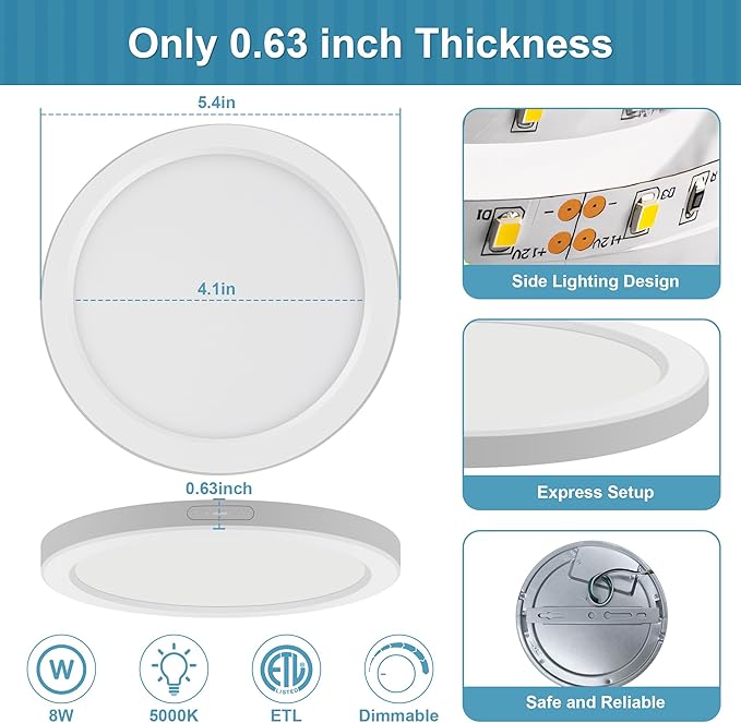 ETL Certified 5 inch Flush Mount Ceiling Light Dimmable,5000K White LED Ceiling Light Ultra Thin Round Flat Panel Ceiling Lights for Bedroom, Bathroom,Kitchen, Hallway,Basement,Closet, 3 Pack