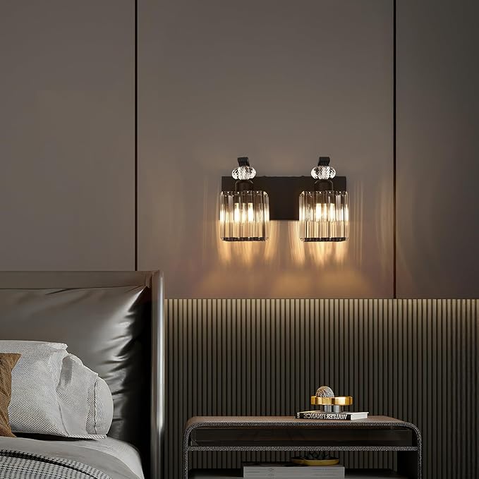 Modern Bathroom Vanity Light, 2-Light Black Bathroom Lighting Fixtures Over Mirror, 12.6" Crystal Wall Light Sconce for Bathroom/Bedroom/Vanity, Includes LED Bulbs, Easy Installation