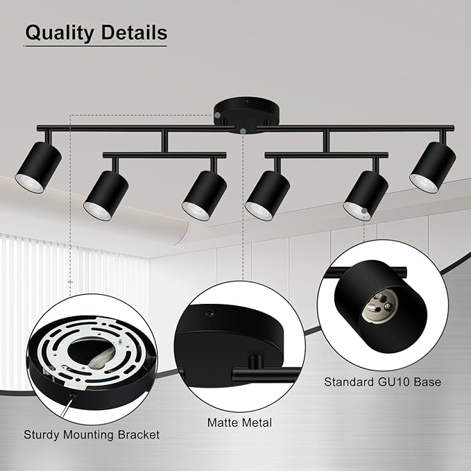 AUQUEE 6 Light Track Lighting Fixtures Ceiling, Matte Black Kichen Track Lighting Fixtures with Rotatable Light Heads, Upgrade Light Poles, Modern LED Sopt Lights for Kitchen/Hallway, No GU10 Bulb