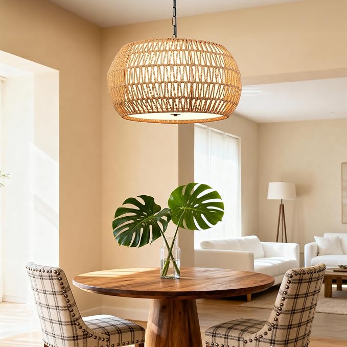 5-Light Farmhouse Rattan Chandelier with Fabric Shade, 19" Large Woven Wicker Pendant Light for Dining Room, Bedroom & Living Room, Hand Woven Wicker Fixture (No Bulbs)