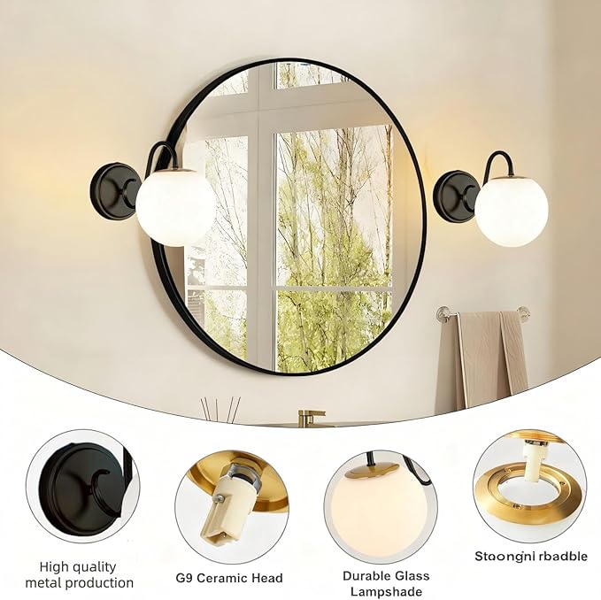 2-Pack Wall Sconce for Bathroom, Vintage Matte Black Vanity Lights, Wall Mount Light Fixtures With Milk Glass Globe Shade, Indoor Wall Lights Fixture for Bedroom Living Room Mirror Hallway(G9 Incl.)