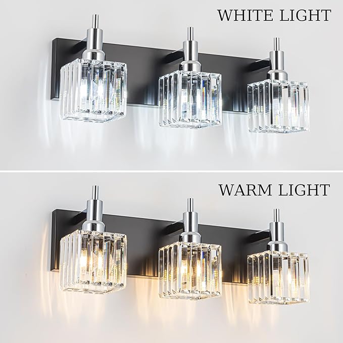 Chrome Bathroom Vanity Lights, Modern 3 Lights Crystal Bathroom Lighting Fixtures Over Mirror Black Chrome Wall Light with Square Shade