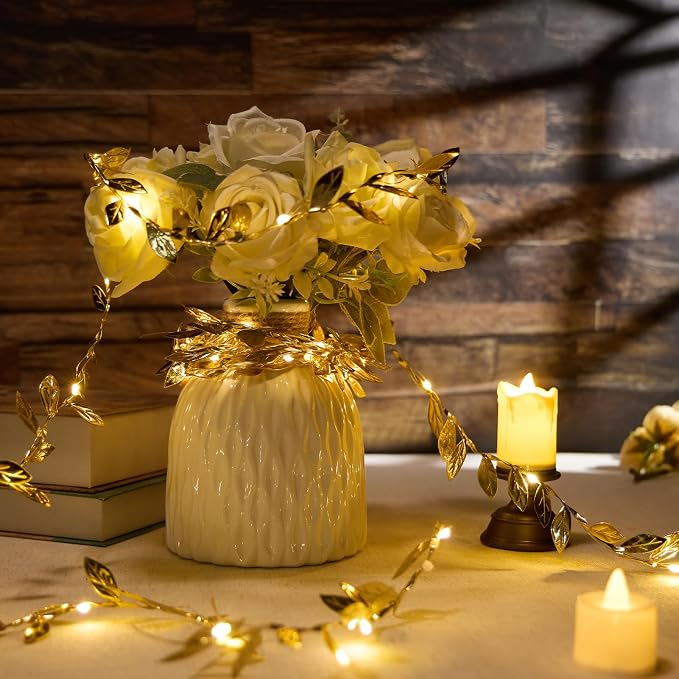 Gold Leaf String Lights Battery Operated, 20LED 6.56ft Fairy Lights with Leaves Vines for Bedroom, Garland Hanging Light for Room Decor Party Wedding Dorm, 2 Pack