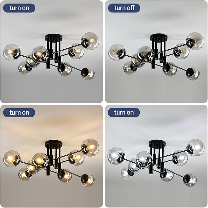 8 Light Sputnik Chandelier with Glass Globe Mid Century Modern Black Ceiling Light Fixture Large Flush Mount Chandelier for Dining Room Bedroom Living Room Kitchen.