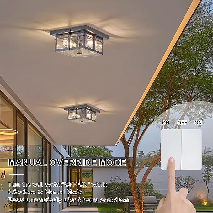 Motion Sensor Outdoor Flush Mount Ceiling Light, Industrial Glass Rustic Wood-Like Finish 2-Light Ceiling Lamp for Porch, Entryway, Garage, Timer and Sensitivity Adjustable (Black-Square)