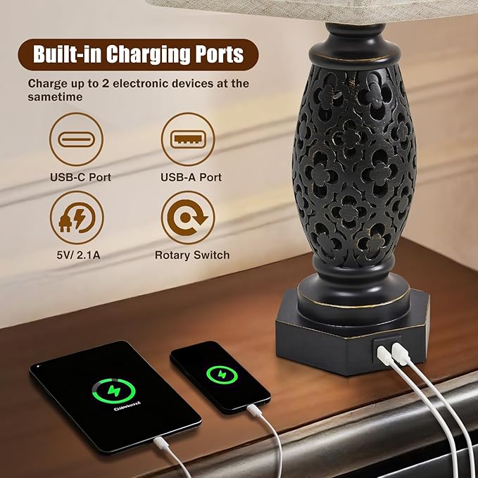 EJIAXIN Table Lamps Set of 2-23.5" Vintage Bedside Lamp with USB A+C and Nightlight - Black Carved Resin Retro Desk Lamp for Bedrooms, End Tables, Living Room, Bulbs Included