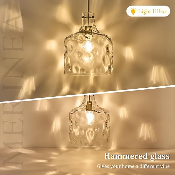 12" Farmhouse Pendant Light, Hand-Blown Clear Hammered Glass Hanging Light Fixture with Brass Gold Finish, Adjustable Chain Ceiling Light for Kitchen Island, Dining Room, Hallway, E26 Socket