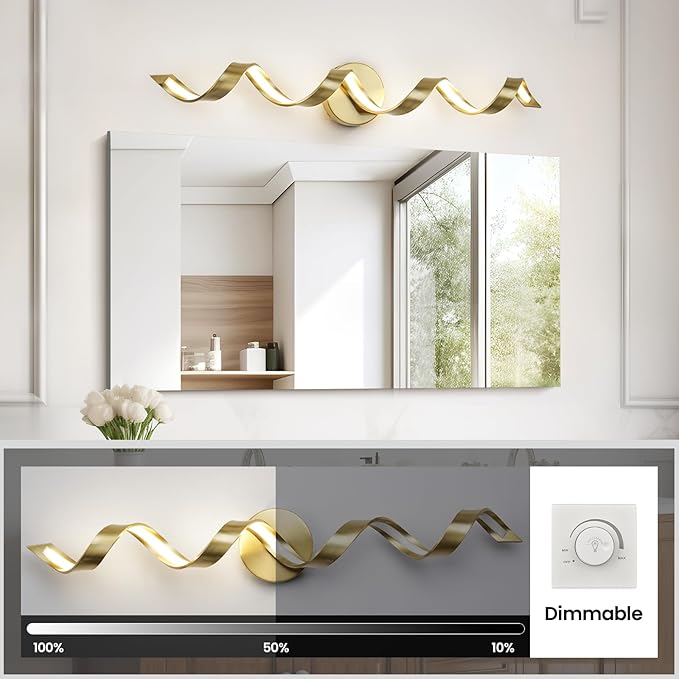 LED Modern Bathroom Vanity Light Fixtures, 31 inch Gold Wall Lamp Bedroom 4000K, Spiral Design Wall Sconce for Mirror, Living Room, Bedroom, Hallway 20W