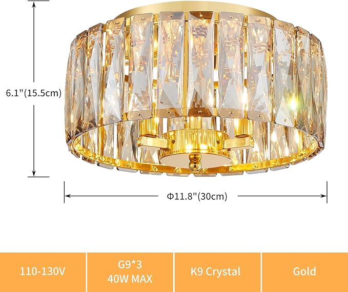Crystal Ceiling Light, 3-Light Modern Flushmount Ceiling Light for Living Room, Dinning Room Hallway, D12xH9inch, Gold Finish Frame & Champagne K9 Crystal