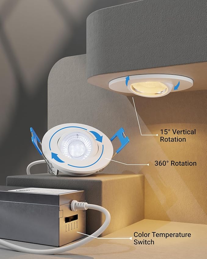Sunco 6 Pack 2 Inch Gimbal LED Recessed Light, Canless Angled Eyeball Directional Recessed Lighting with Metal Junction Box, 360 LM, 5W, Selectable CCT 2700K/3000K/4000K/5000K/6000K, Dimmable ETL