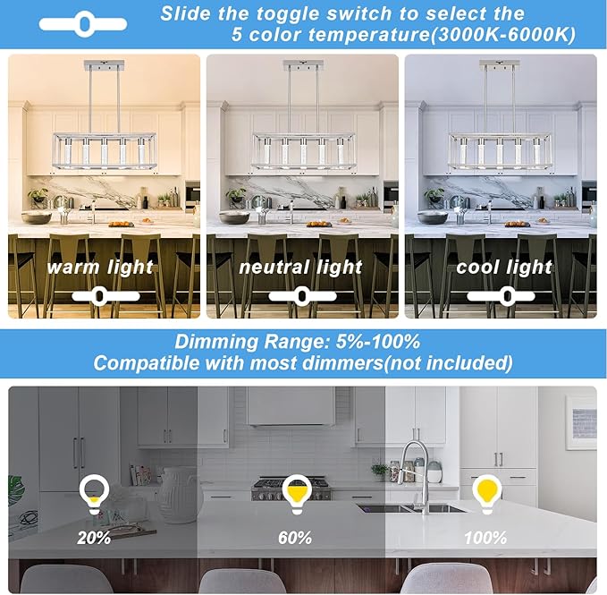 MELUCEE 5 Lights Chandeliers for Dining Room with Crystal Bubble, 25W 5 Color Dining Room Light Fixture Brushed Nickel, LED Island Lights for Kitchen Island Billiard Room, 3000-6000K Adjustable