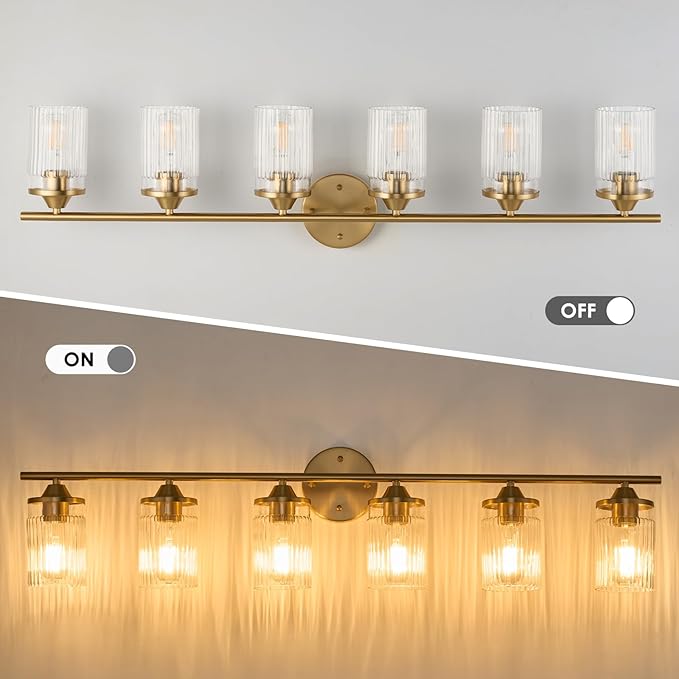Jonsi Gold Bathroom Light Fixtures 6-Light Vanity Lights Modern Wall Sconce with Clear Glass Shade Brushed Brass Bathroom Light Fixture Over Mirror for Bedroom Hallway Kitchen
