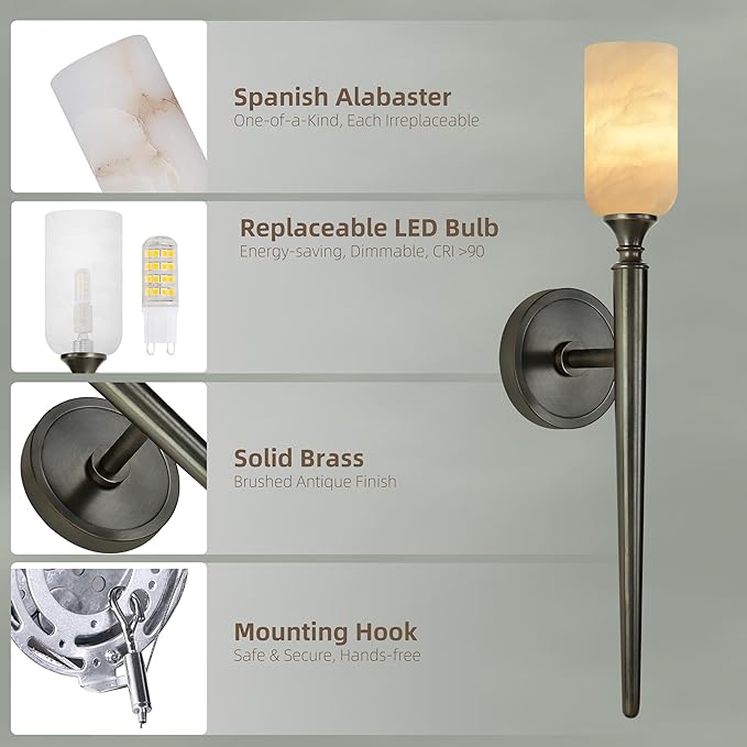 22in Alabaster Wall Sconce, Black Sconces with Spanish Marble, Modern Brass Wall Mounted Lamp, Hardwired LED Wall Lighting for Bathroom Bedroom Living Room Staircase Hallway Dining Room
