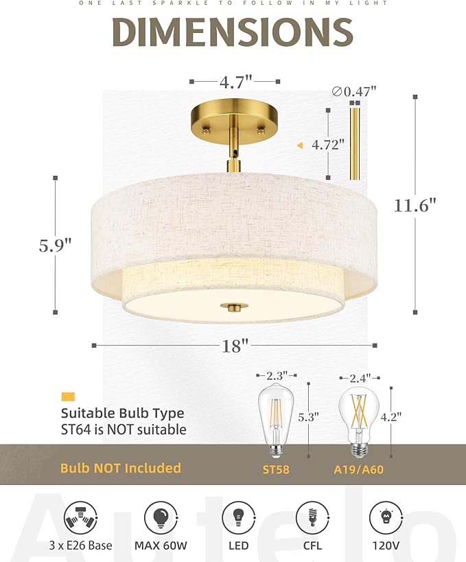 AUTELO 18" Semi Flush Mount Ceiling Light, 3-Light Farmhouse Ceiling Light in Brushed Gold Finish with Drum Fabric Shade, Gold Light Fixtures Ceiling Mount for Hallway Bedroom Kitchen, C2506 BG-18