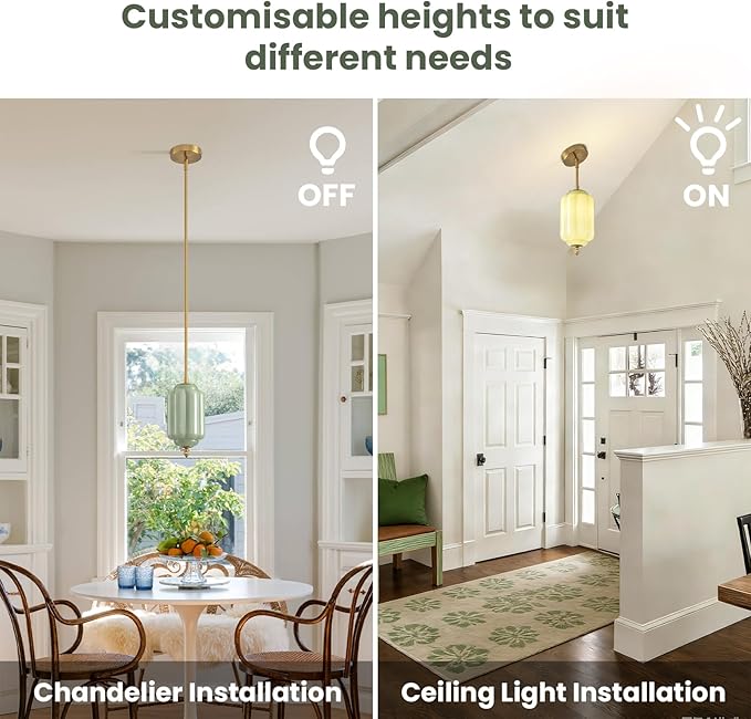 Vintage Green Glass Pendant Lights 5.5 Inch Mid Century Brass Hanging Ceiling Light, Small Adjustable Height Kitchen Island Hanging Lights for Dining Room, Kitchen, Hallway and Bedroom, E12 Base
