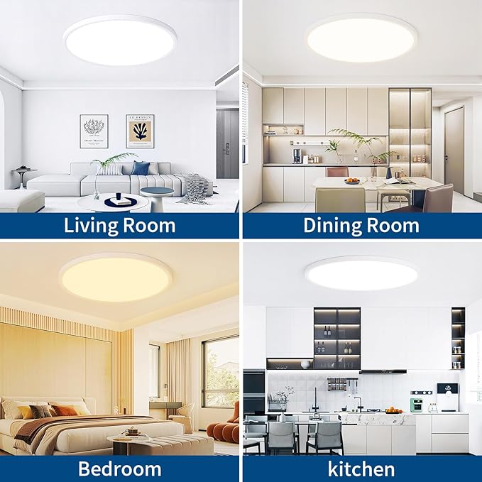 24 Inch Large Led Flush Mount Ceiling Light Fixture, Ultra Thin, Dimmable, 3000K/4500K/6000K, 48W, 4800LM, Modern, White, for Bedroom, Kitchen, Dining Room, Living Room, Home Office, Laundry Room