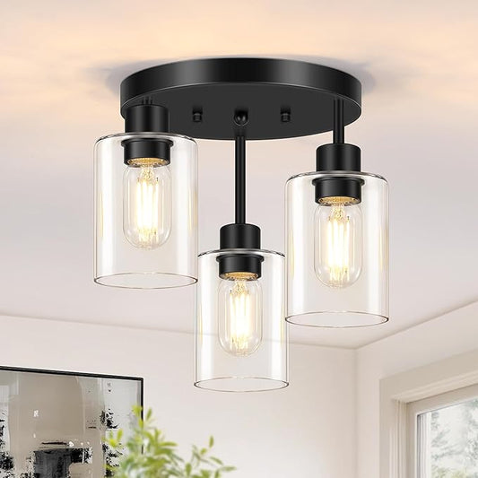 Farmhouse Flush Mount Ceiling Light, Black 3-Light Hallway Light Fixtures Ceiling with Clear Glass Shades, Light Fixtures Ceiling Mount for Kitchen Living Room Foyer, E26 Base