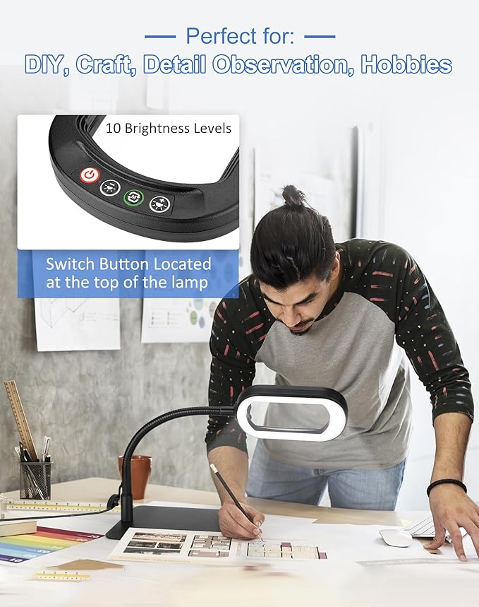IVMAIE 10X Magnifying Glass with Light and Stand LED Magnifier with Light Hands Free Lighted Magnifying Desk Lamp Dimmable for Close Work Craft Read Cross Stitch Sewing Repair Hobby Rectangular
