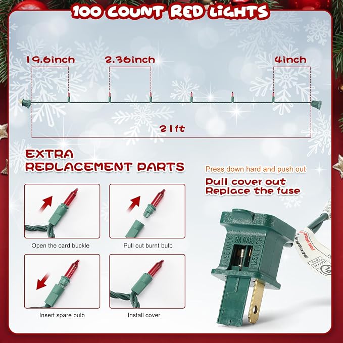 TIGOMOOV 100 Count UL Certified Red String Lights – 21FT Mini Christmas Lights with Green Wires for Indoor/Outdoor Holiday Decor Xmas, Weddings, Parties & Home Decorations