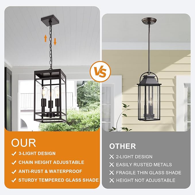 VINLUZ 3-Light Outdoor Pendant Light with Adjustable Chain, 16" Oil Rubbed Bronze Outdoor Hanging Light Fixture, Exterior Linear Hanging Lantern Chandelier for Entryway, Patio, Garden, Front Door