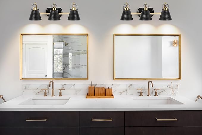 PAZALA Black and Gold Vanity Light, 3-Lights Farmhouse Vanity Light, Bathroom Light Fixtures Over Mirror, 24inch Modern Bathroom Wall lamp for Bath Mirror Living Room Cabinet Bedroom