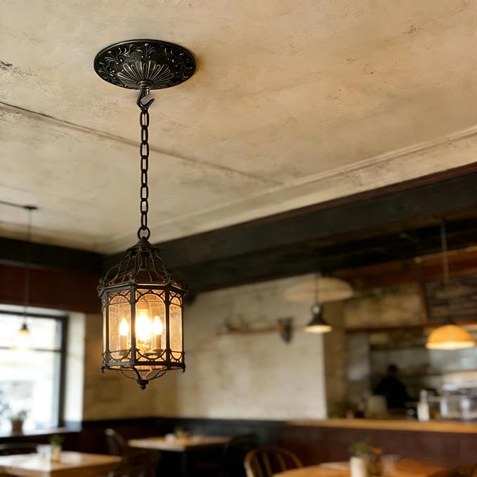 5.51" All Copper Ceiling Cover Plate, Heavy Duty Retro Black & Gold Solid Brass Carved Chandelier Ceiling Canopy Base, Light Canopy Kit, Chandelier Parts with Dual Ceiling Hooks for Light(Open/Closed)