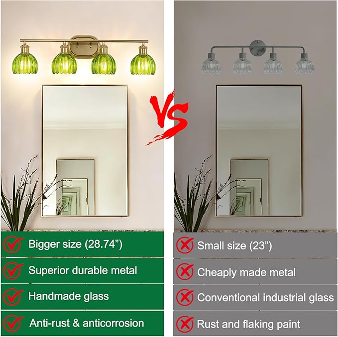 Gold Bathroom Light Fixtures, 4-Light Vanity Lights for Bathroom with Ribbed Green Tulip Glass Shade, Brass Wall Scone Lighting Over Mirror for Farmhouse,Bedroom,Living Room,Hallway