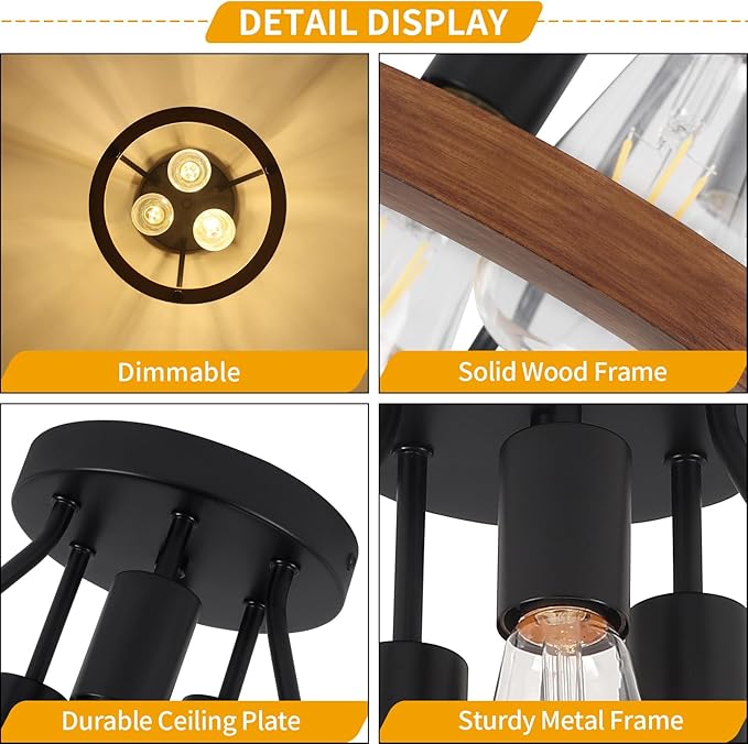 Modern Farmhouse Wood Semi Flush Mount Ceiling Light, Hallway Light Fixtures, Entryway Light Fixture, 3-Light Rustic Industrial Ceiling Lamp for Kitchen Bedroom Laundry Dining Room Lighting Fixtures
