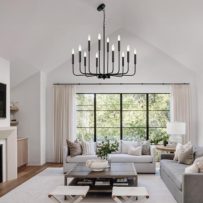 Black Chandeliers for Dining Room Light Fixture Over Table, Modern Farmhouse Chandeliers for Living Room,12-Lights Industrial Metal Candle Lighting Fixtures for Entryway Kitchen Island Foyer