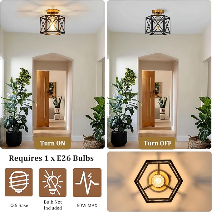 Modern Farmhouse Semi Flush Mount Ceiling Light,Industrial Black and Gold Ceiling Lighting Fixture,Hexagonal Close to Ceiling Lights for Kitchen, Hallway, Entryway, Bedroom,Foyer,9.5 Inch