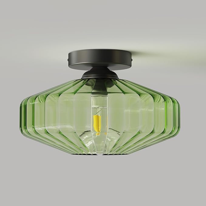 FCTWAKS Semi Flush Mount Ceiling Light, 11.8" Mid Century Modern 1-Light Close to Ceiling Light Fixtures with Drum Green Glass Shade for Bedroom Entryway Hallway Porch Foyer