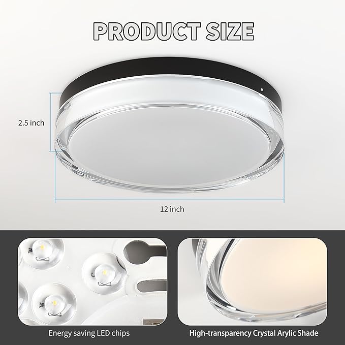 12 inch Flush Mount Ceiling Light Fixture, 3CCT LED Ceiling Lights, Black Modern Dimmable Lighting for Hallway Bathroom, Crystal Prismatic Featured, 3000K/4000K/5000K