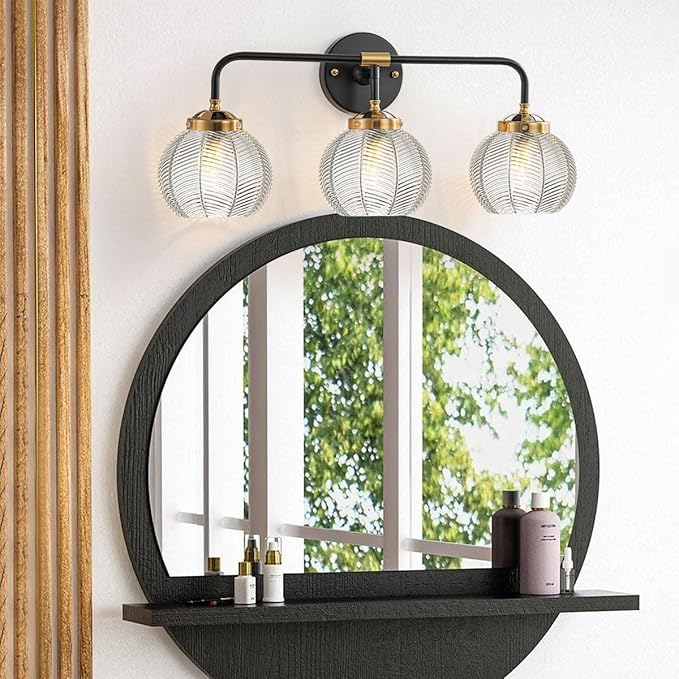 Bathroom Vanity Light fixtures 3 Light Glass Globe Wall Sconce Lights Black Wall Mount Light with Clear Glass Shade, Mid Century Modern Wall Sconce for Over Mirror Bedroom Hallway (3-Lights)