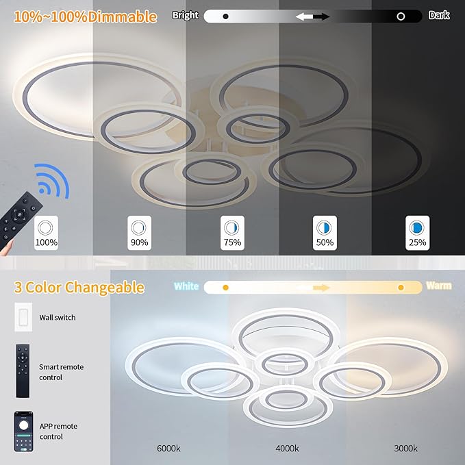 Shine LUEST Modern LED Ceiling Light, Dimmable LED Chandelier Flush Mount Ceiling Lights, Remote Control Acrylic Ring Ceiling Lamp Fixture for Living Room Dining Room Bedroom (White, 8 Rings)