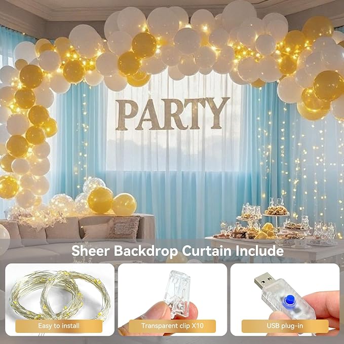 Ledido 4 Pack 10×10ft Blue Tulle Backdrop Curtains with Lights String - 1200LED Fairy Lights Sheer Curtain Backdrop for Wedding Baby Shower Photo Shoot Birthday Party Decoration(8 Panels 5×10ft)，Blue
