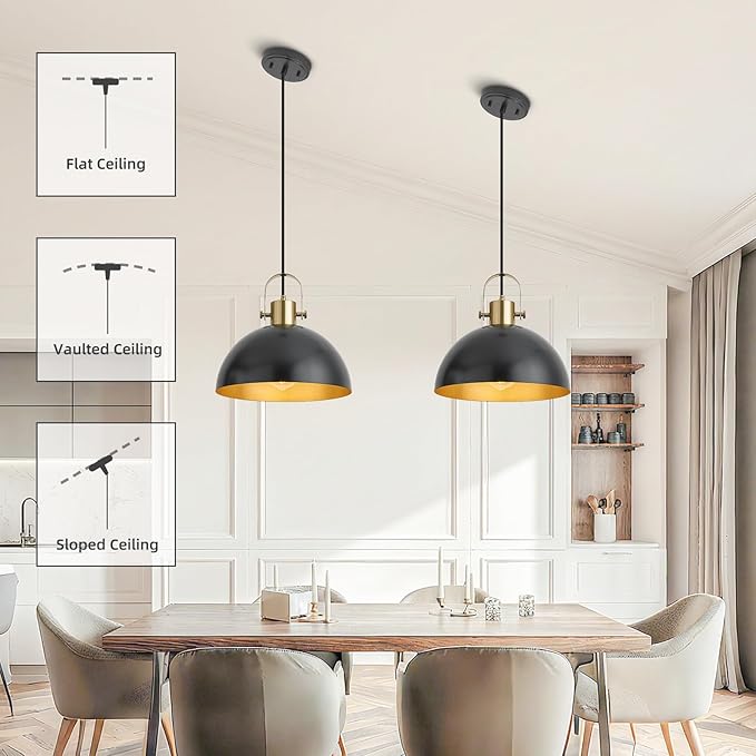 12 Inch Farmhouse Pendant Lights, Black Pendant Lighting for Kitchen Island, lndustrial Adjustable Height Hanging Light for Barn, Dining Room, 2 Pack