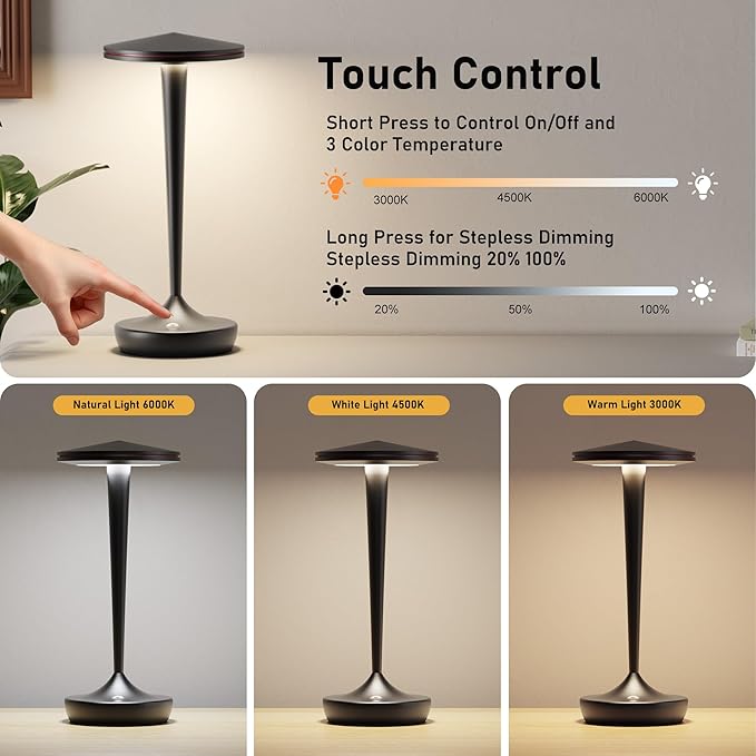 YHT 72Hrs Cordless Table Lamps Rechargeable, 6000mAh Battery Portable LED Touch Table Lamp, 3-Color Stepless Dimming, for Outdoor, Dinning, Patio, Restaurant, Kitchen (2 Black)