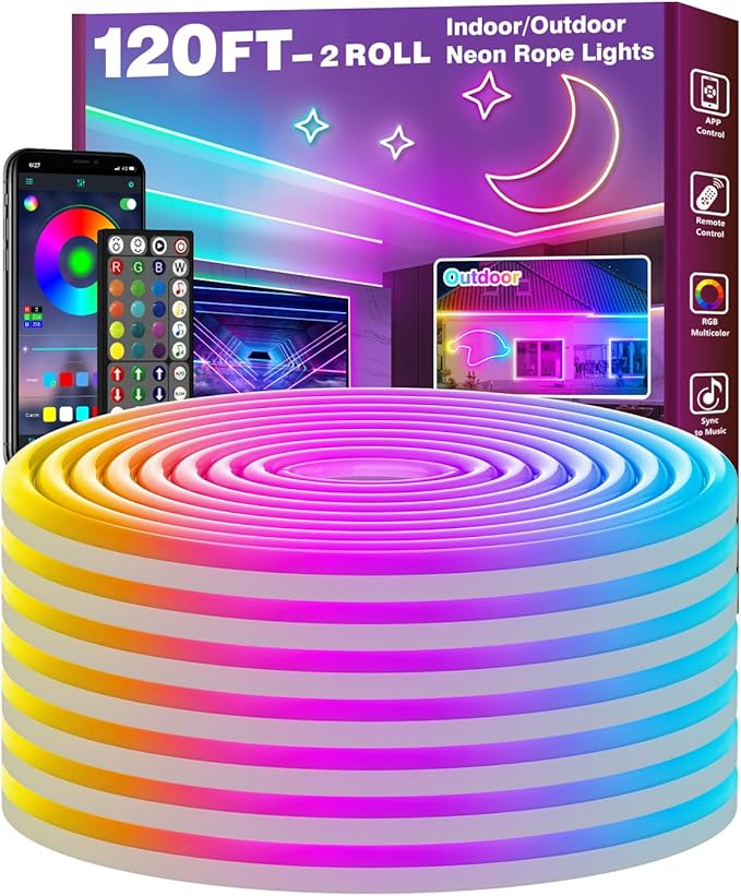 FBZ 200Ft Led Rope Lights, Flexible Neon Lights Control with App/Remote, Multiple Modes, IP65 Outdoor RGB Waterproof, Music Sync Gaming Light Strip for Bedroom Decor (120FT)