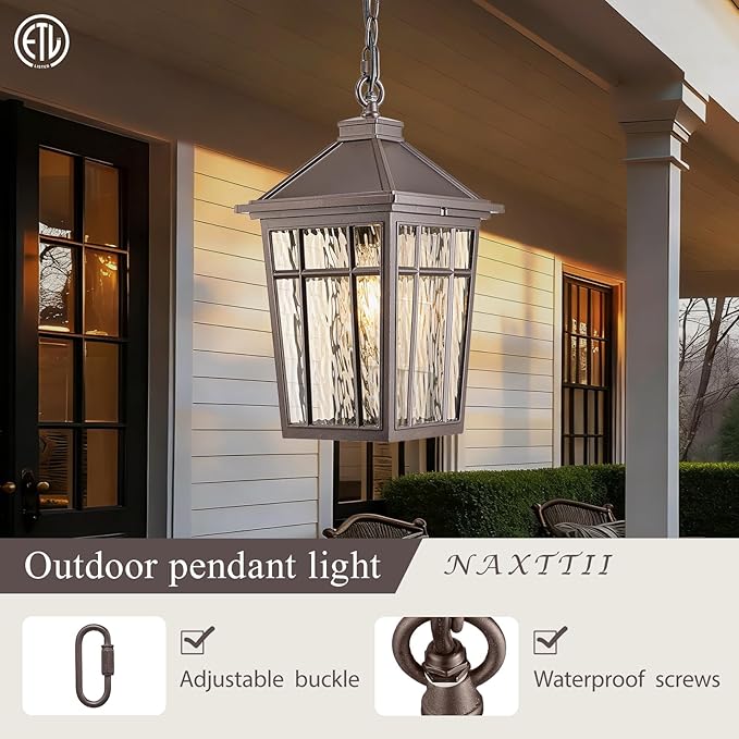 Dusk to Dawn Outdoor Hanging Lantern Lights 15.2 Inch Large Porch Pendant Lights for House Doorway Aluminum Waterproof Outdoor Pendant Light with Water Ripple Glass E26 Socket